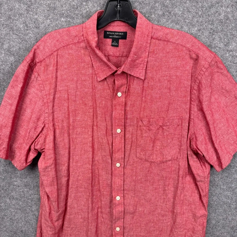 Banana Republic Mens Large Red Linen Cotton Blend Short Sleeve Button Down Shirt